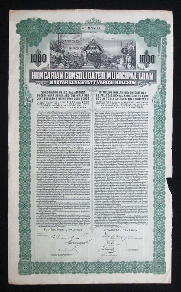 Magyar Egyestett Vrosi Klcsn ktvny 1000 USA dollr 1925